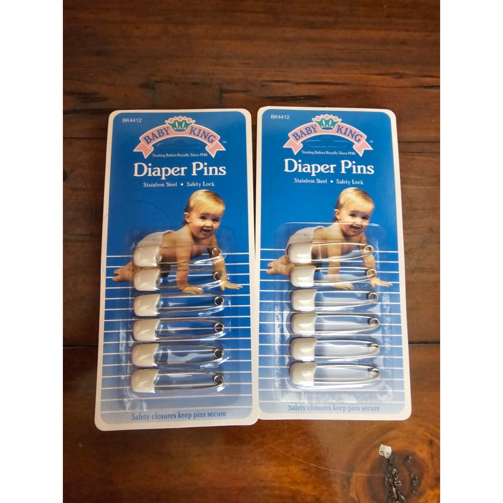 Vintage Baby King Diaper Pins 2 Packs White Stainless Steel Safety Lock BK4412